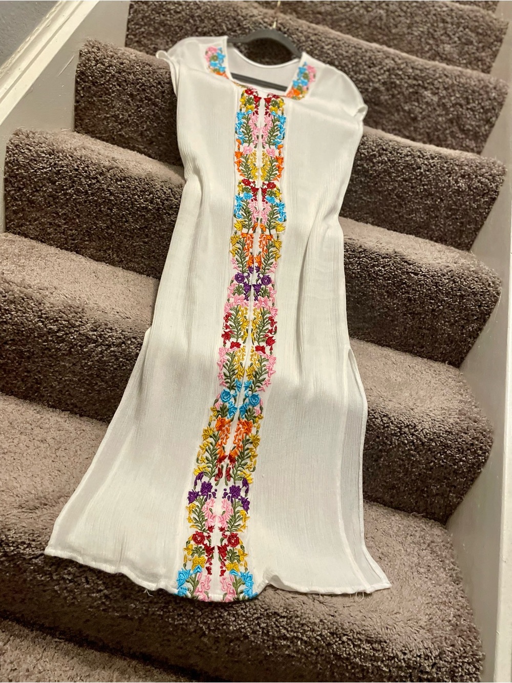 White Embroidered Maxi Dress with Multicolor Floral Trim